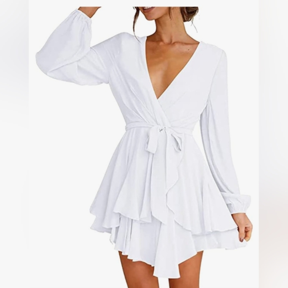 White Ruffled Wrap Mini Dress with Bishop Sleeves Size XL NWOT - Picture 2 of 7